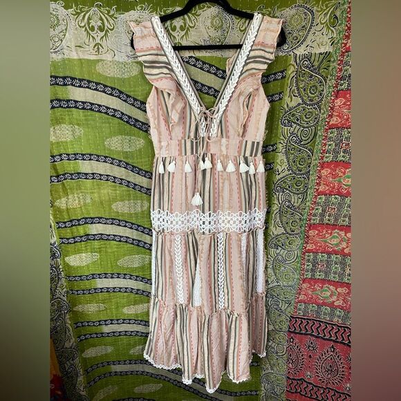 Hemant & Nandita Multicolored Cotton Pixie Fringe Midi Dress Size Medium - Picture 2 of 16